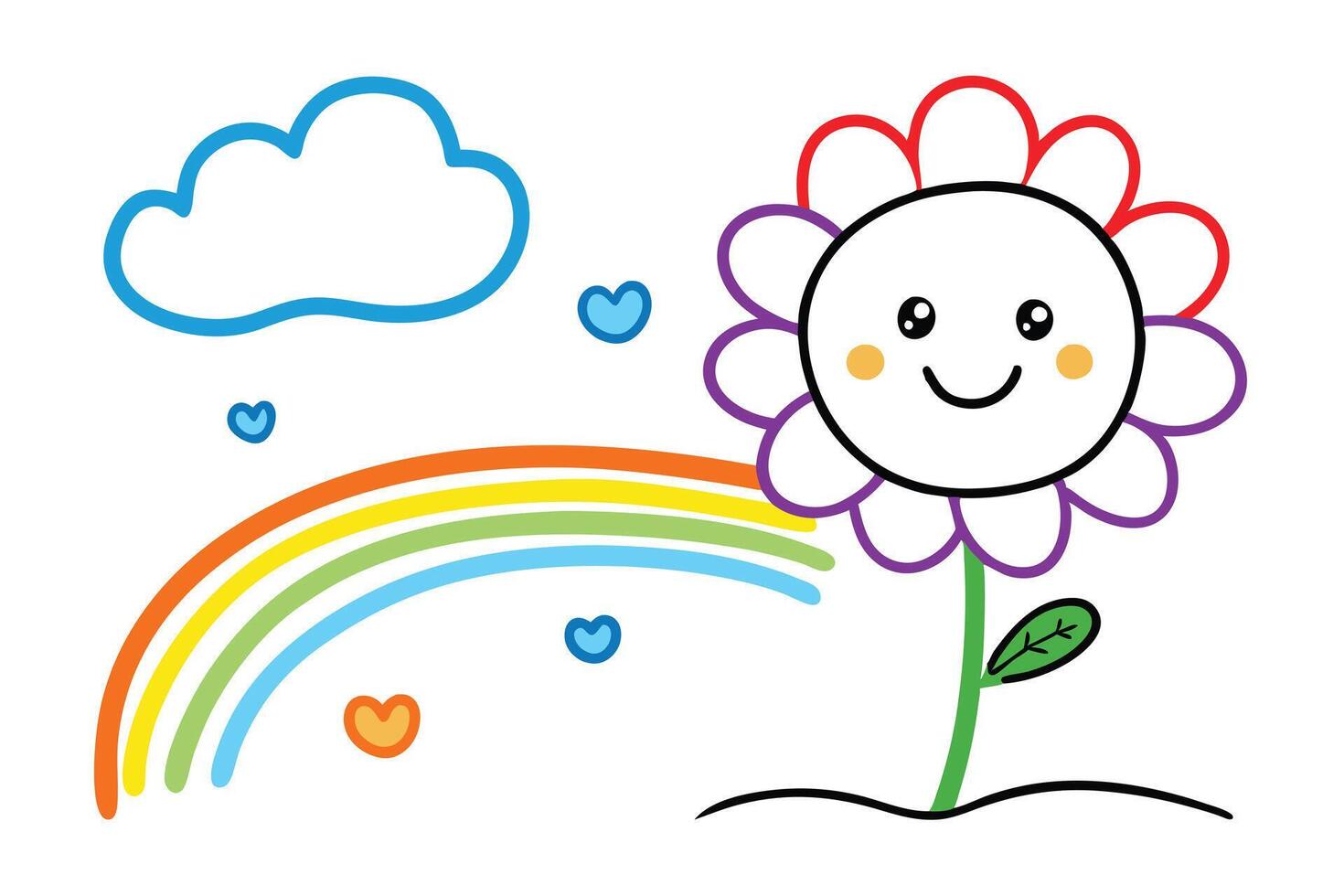 Smiling Flower with Rainbow, Cloud, and Hearts on White Background vector