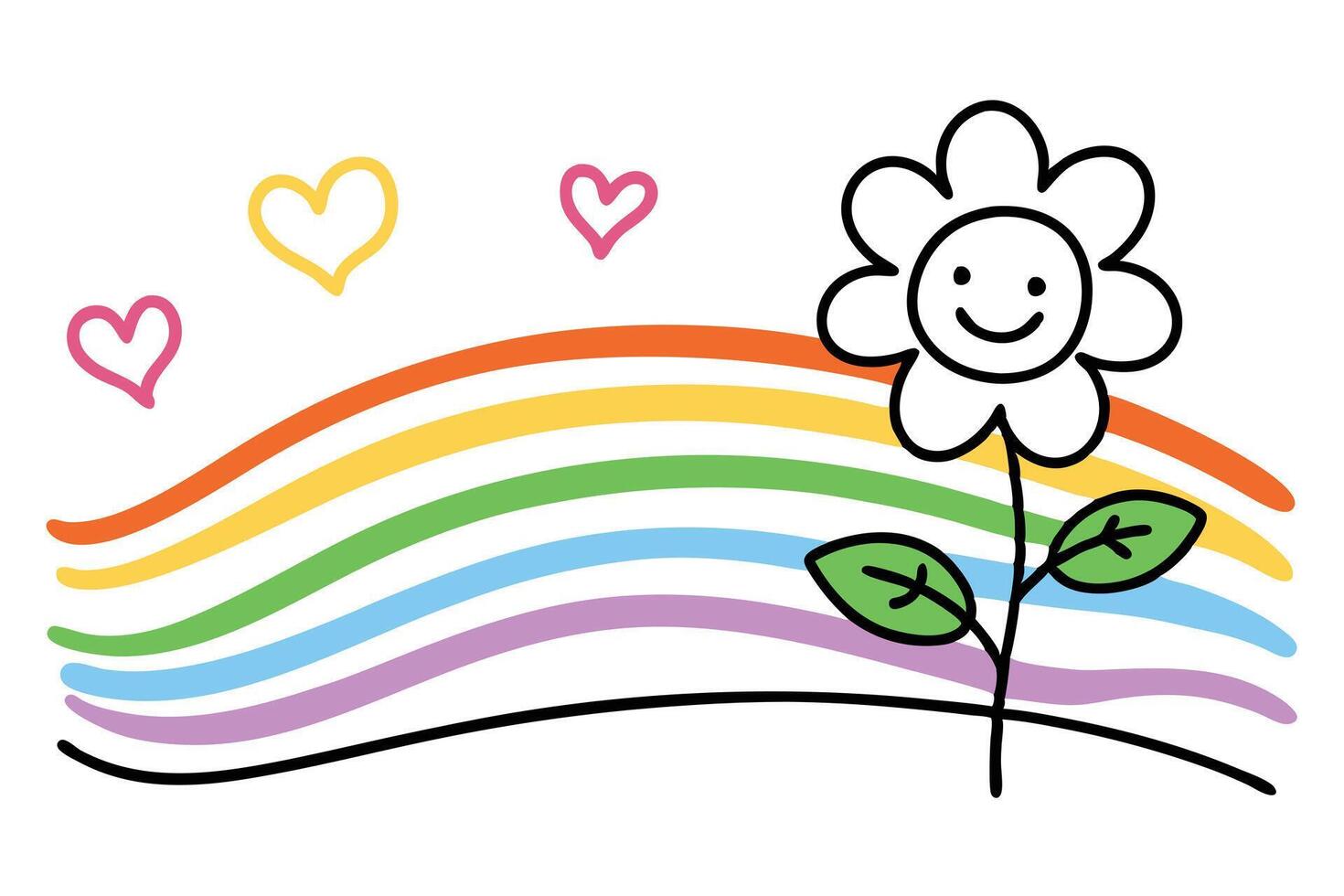 Whimsical Smiling Flower Rainbow, Hearts, Colorful Childlike Drawing on White Background vector