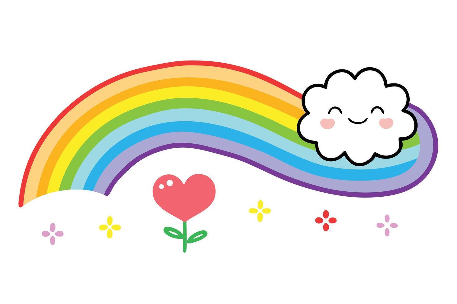 Kawaii Rainbow Cartoon Cloud with Smiling Face and Heart Flower on White Background vector