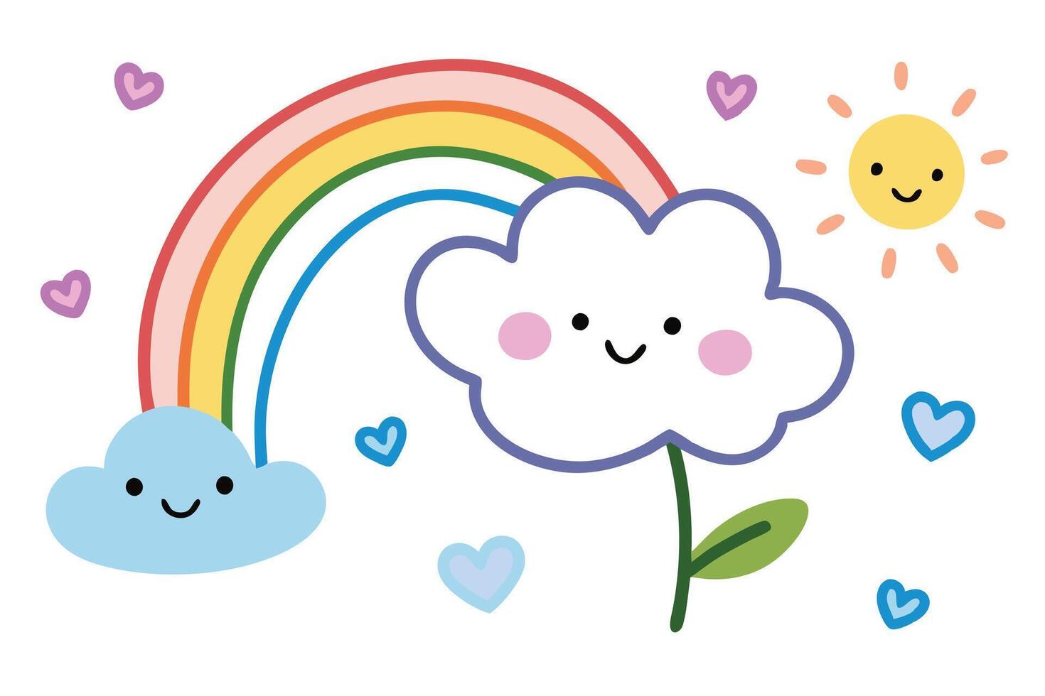Cute Rainbow, Smiling Sun, Hearts, and Cloud Cartoon on White Background vector