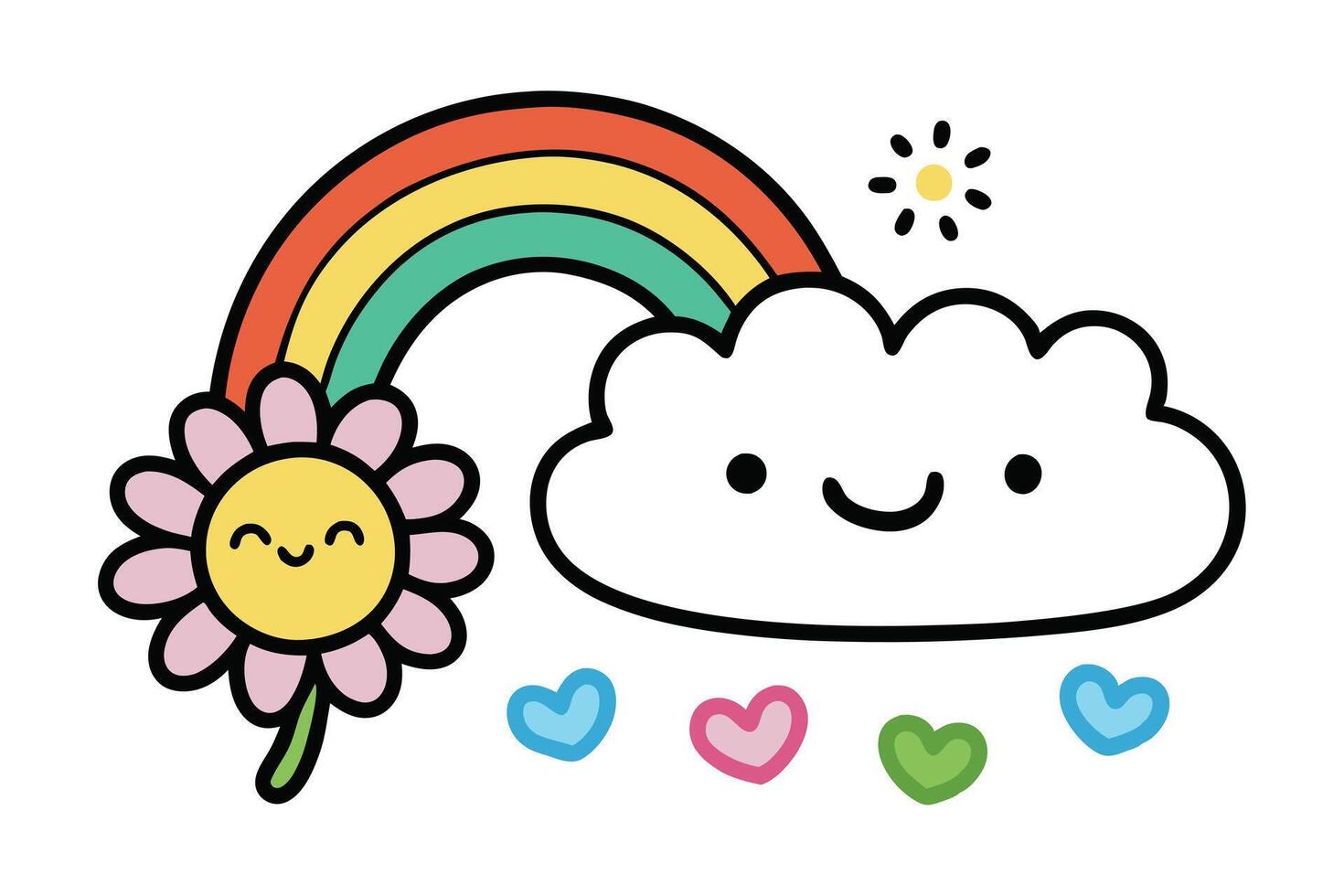 Smiling Daisy Flower, Rainbow, Cloud, Sun, and Hearts in a Cute Doodle Style on White vector