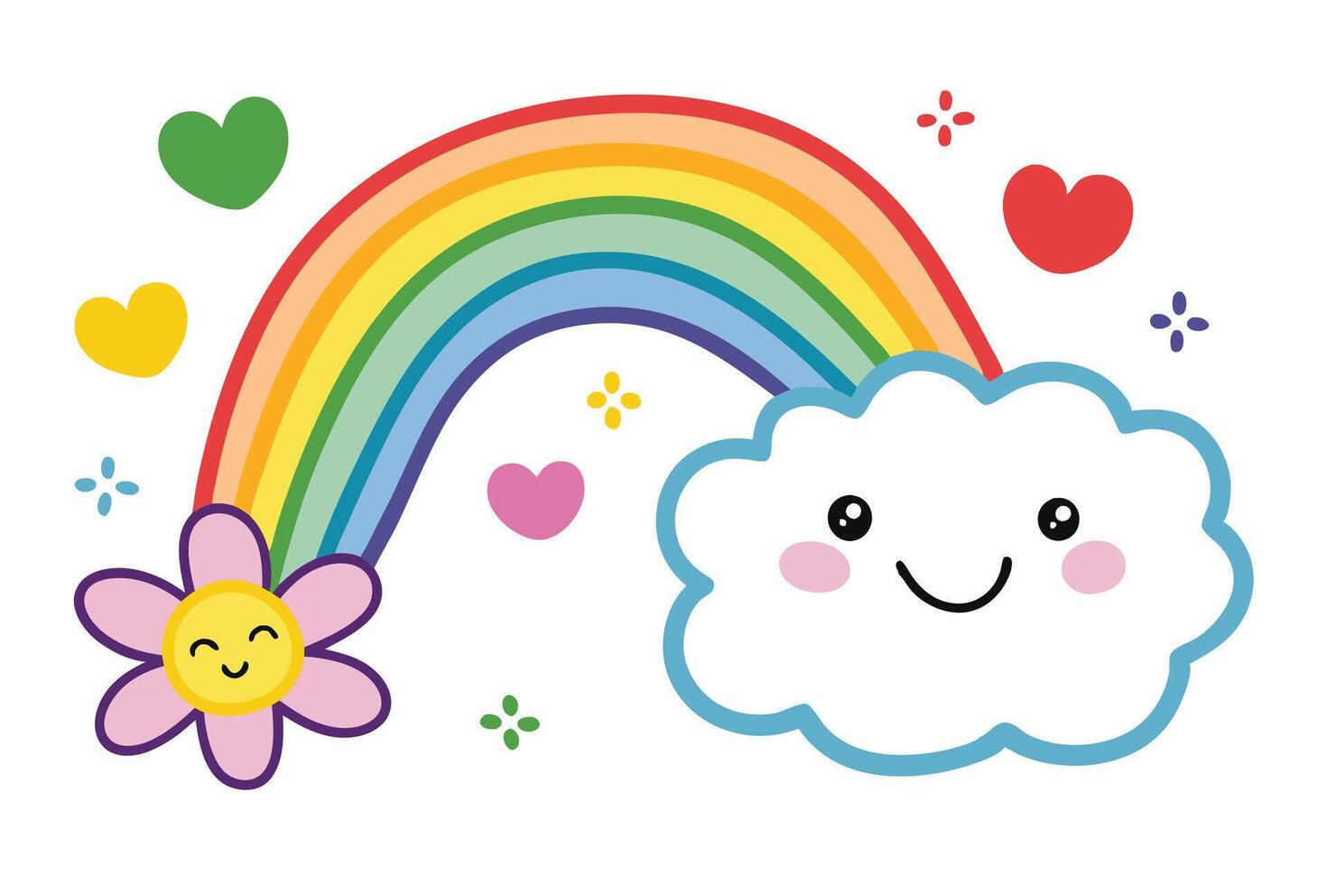 Smiling Cloud, Rainbow, Flower, Hearts, and Crosses on White Background vector