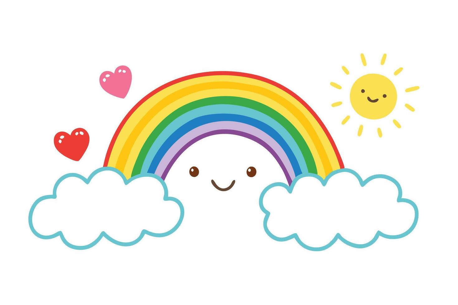 Cute Rainbow With Clouds, Hearts, and Smiling Sun Icon on White Background vector