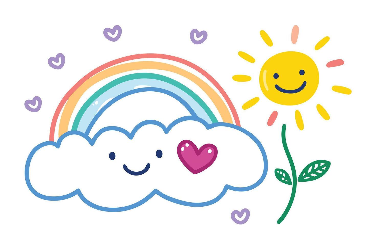 Cute Rainbow Cloud and Smiley Sun, Whimsical Weather Icons with Hearts, White Backdrop vector