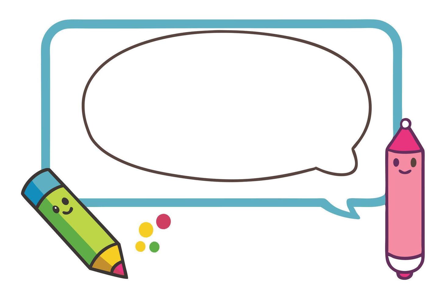 Cartoon Speech Bubble with Green Pencil and Pink Marker on White Background vector