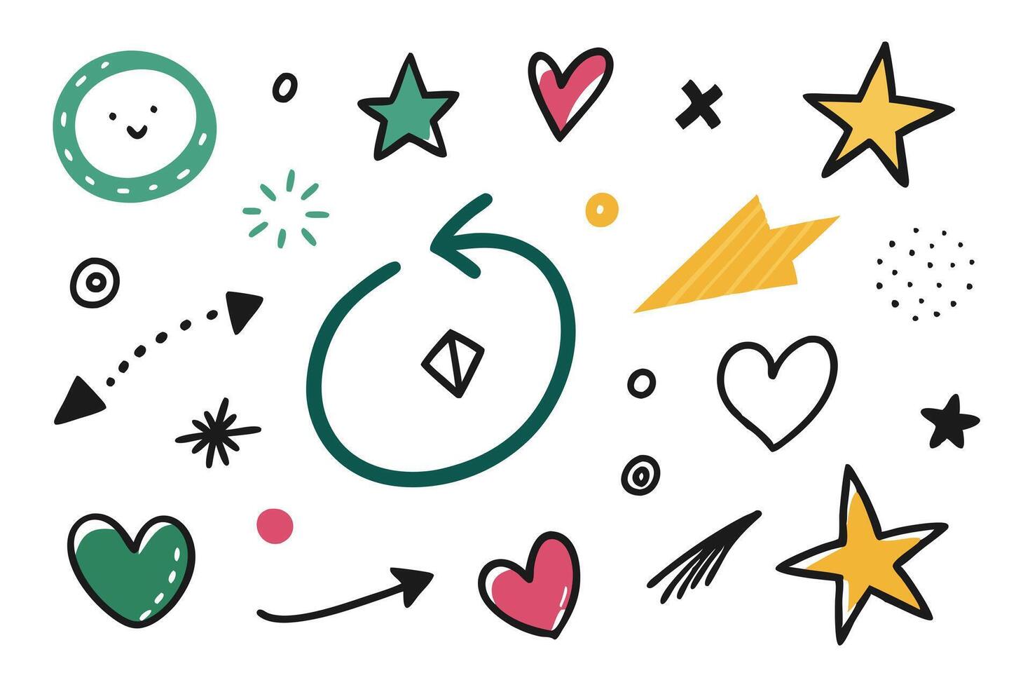 Playful Doodle Set with Hearts, Stars, Circles and Arrows on White Background vector