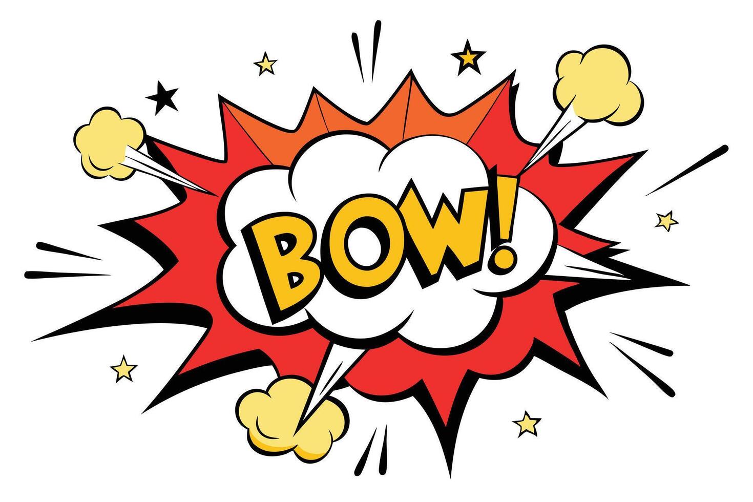 Comic Explosion with Bow Text, Retro Style with Red, Orange, Yellow Burst on White vector