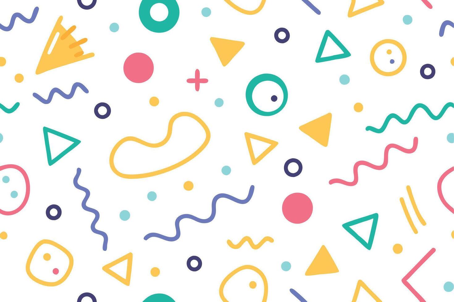 Vibrant Retro Pattern Geometric Shapes on White, Circles, Triangles, Squiggles vector