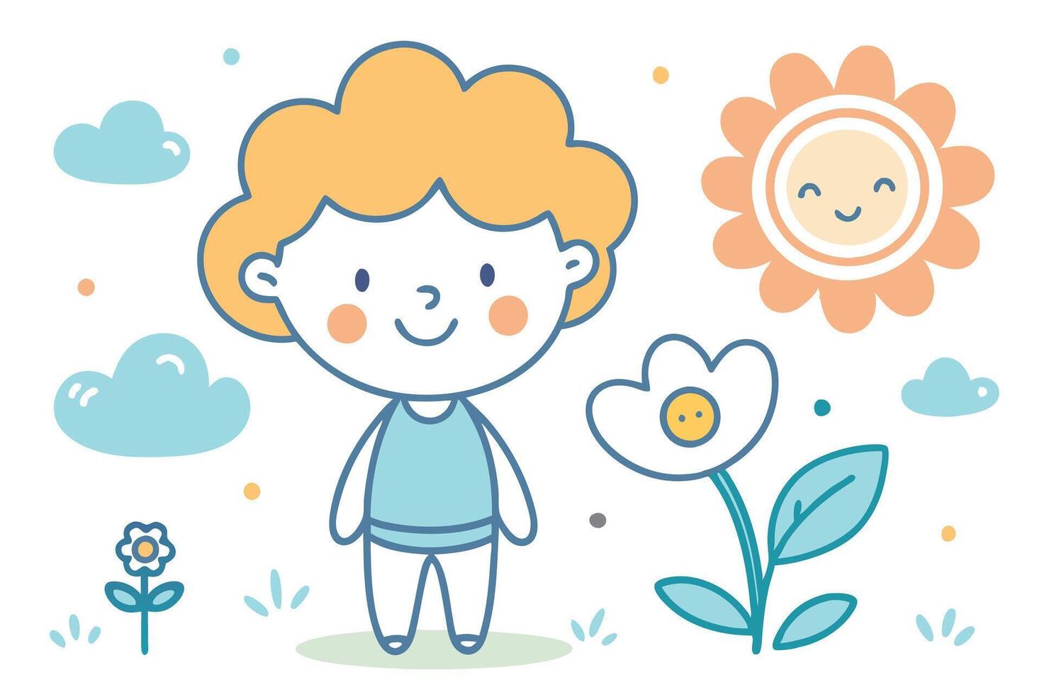 Smiling Boy with Blonde Hair, Clouds and Flowers in Cheerful Cartoon Style vector