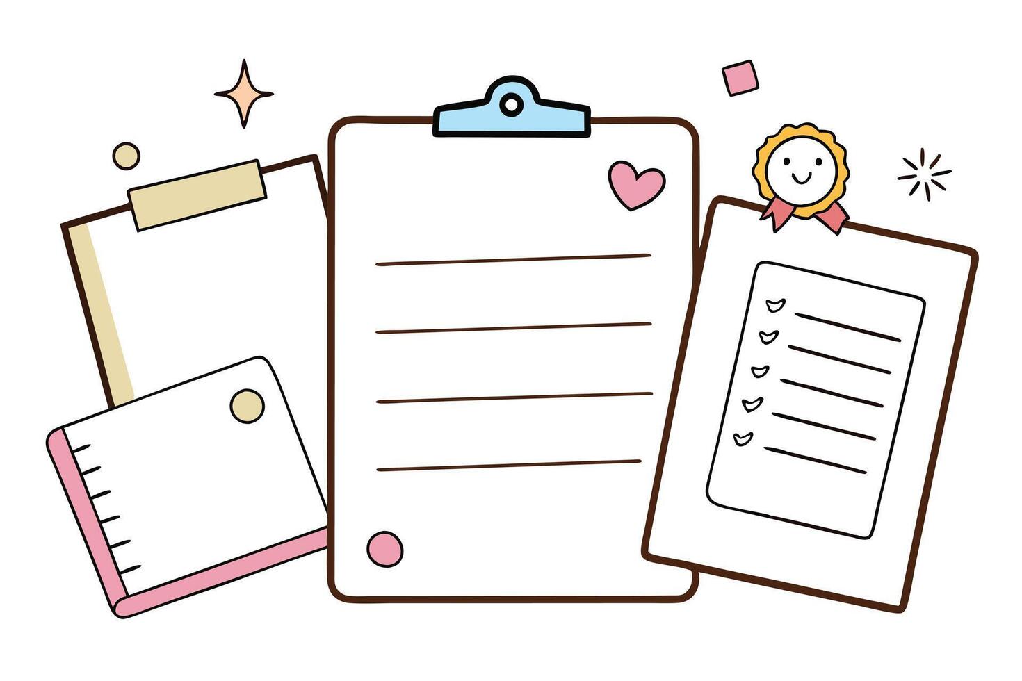 Assorted Clipboards with Pink Accent and Happy Face Embellishment on White Background vector