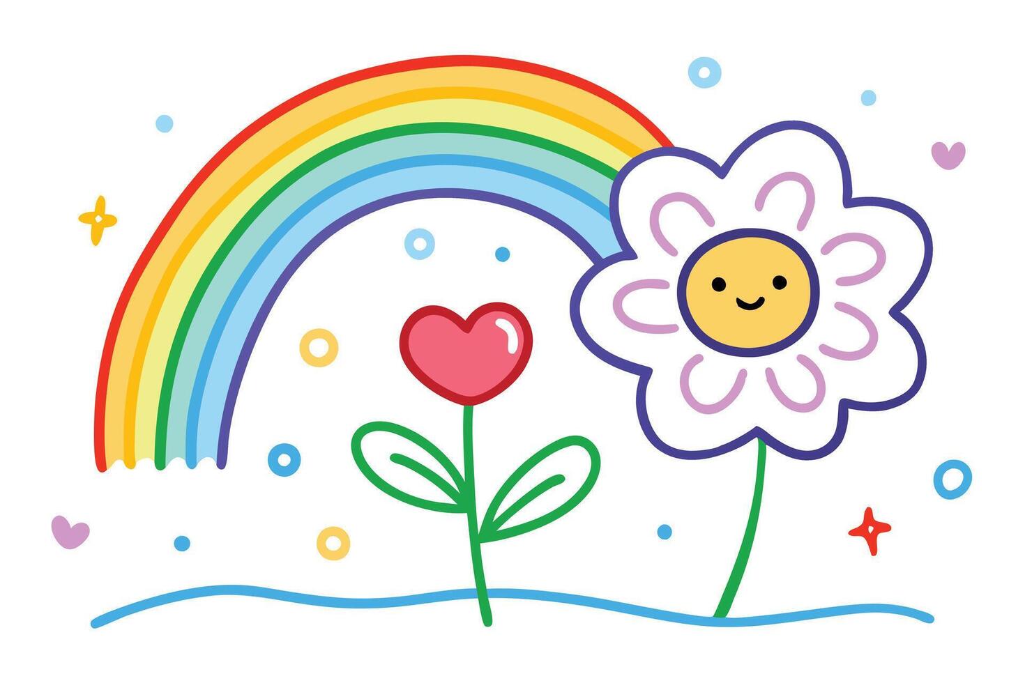 Cartoon Rainbow with Flower, Heart Shapes, Star on White Background Doodle Style vector