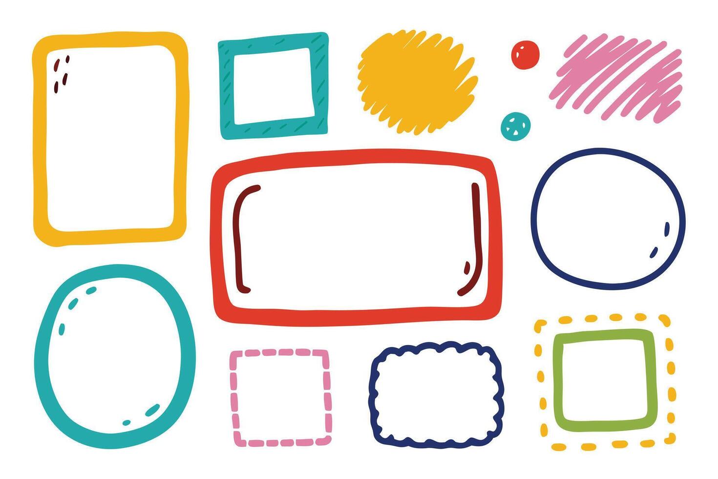 Fun Colorful Hand Drawn Frames and Shapes on White Background, Doodle Style vector