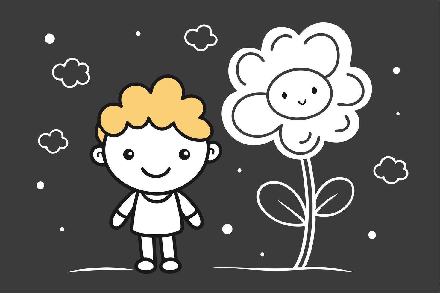 Cheerful Cartoon Boy with Blonde Hair and Big Smiley Flower on Transparent Background vector