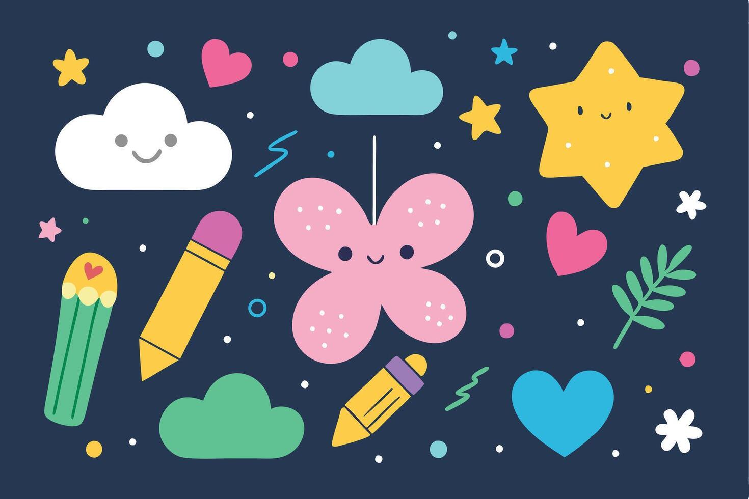 Fun Doodle Elements of Heart, Cloud, Star, Pencil, Leaf on a Navy Background vector