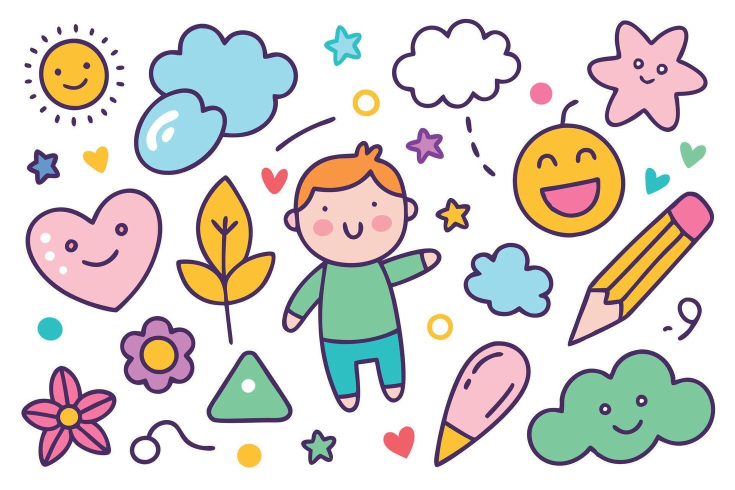 Cheerful Boy Surrounded by Playful Doodle Icons on White Background, happy, cute vector