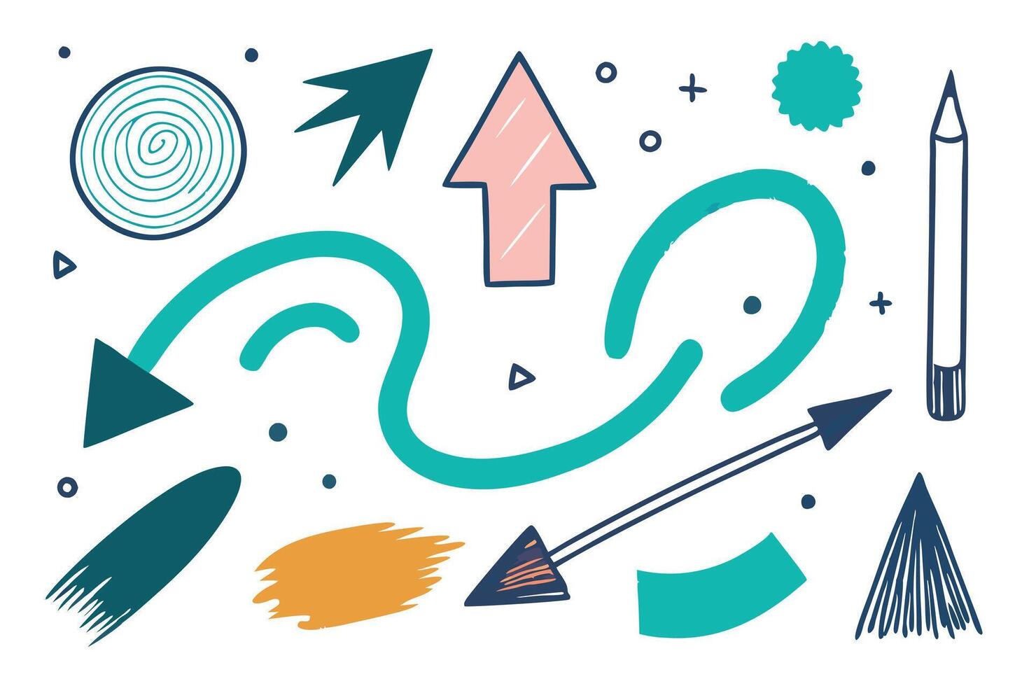 Playful Doodle Element Collection on White Arrow, Swirl, Pencil, Dots vector