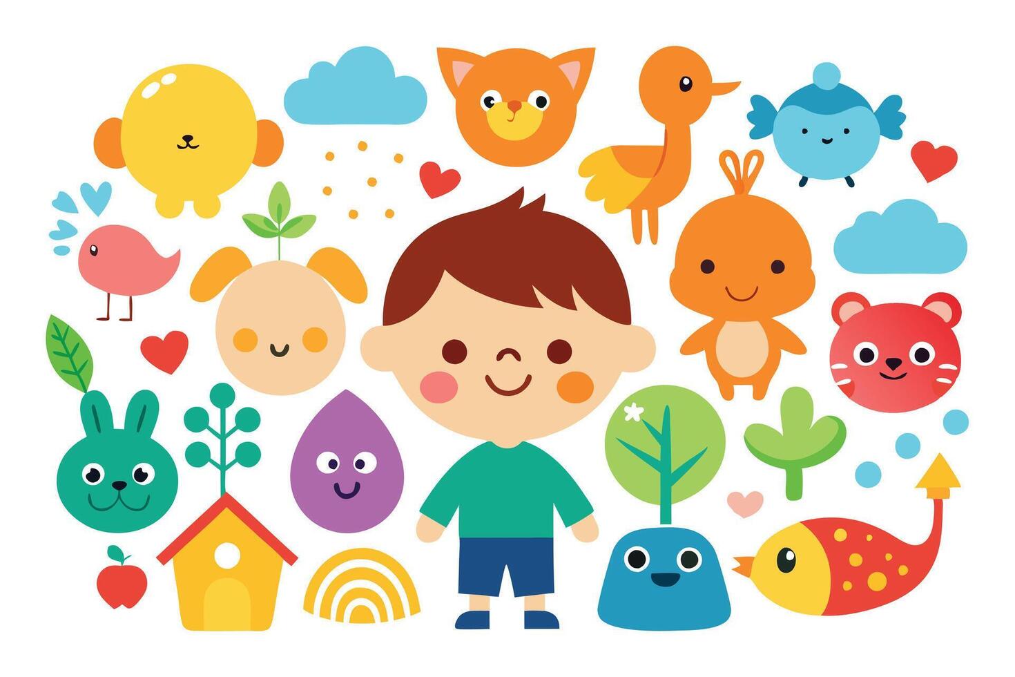 Cheerful Cartoon Child with Colorful Animals and Nature Icons on a White Background vector