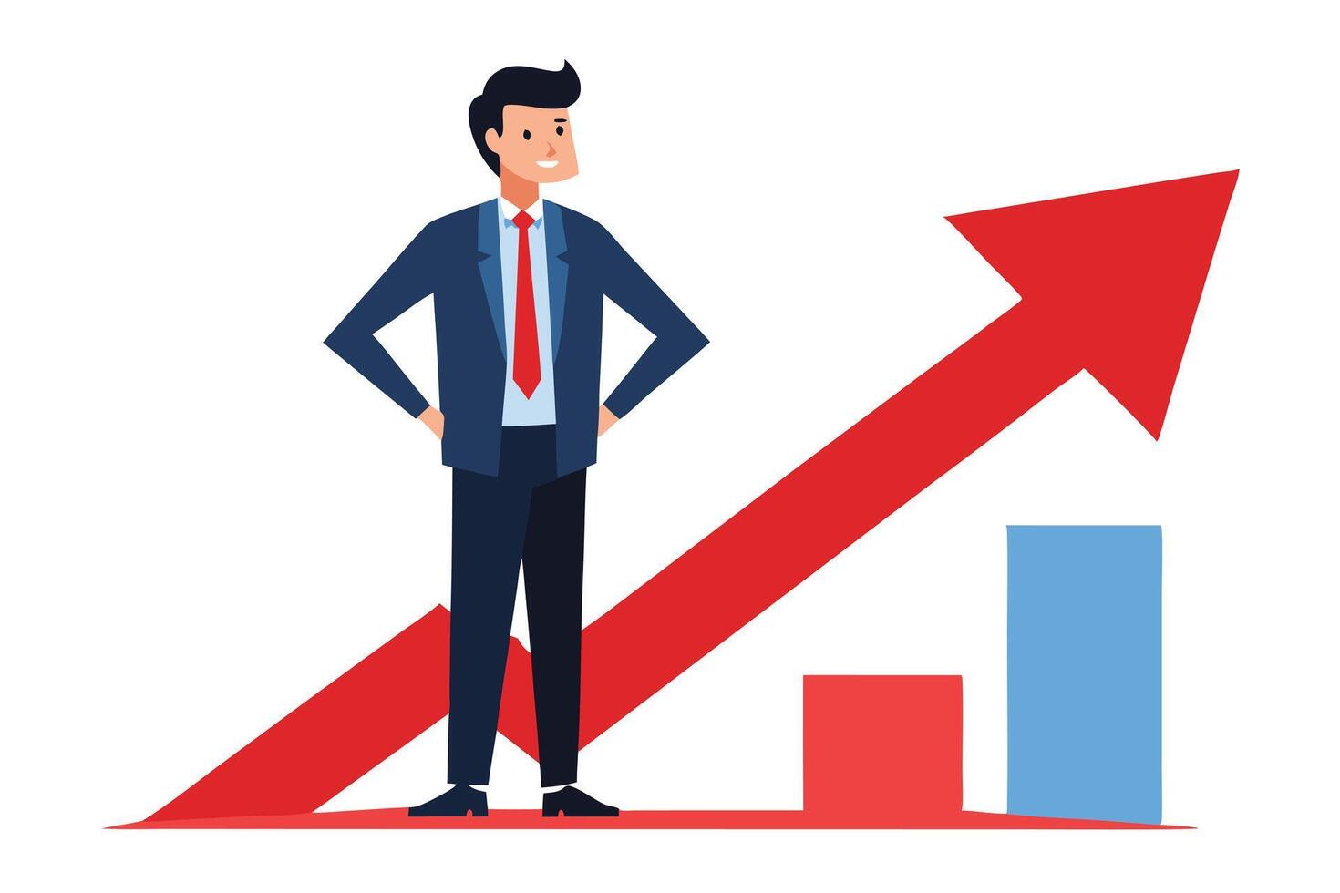 Business Professional Man with Hands on Hips Standing Above Arrow Graph on White vector