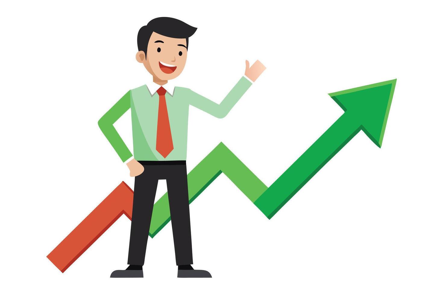 Cheerful Man with Rising Arrow in Flat Style on White Background, Financial Success vector