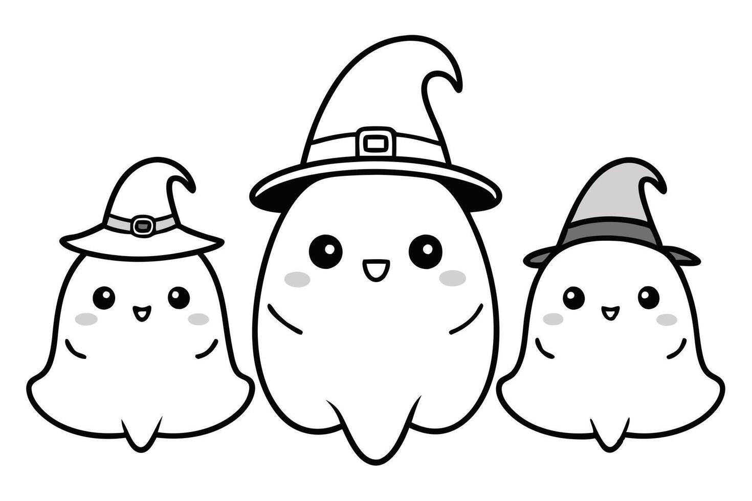 Line Art Cute Halloween Ghosts with Witch Hats, Happy Cartoon Character on Transparent Background vector