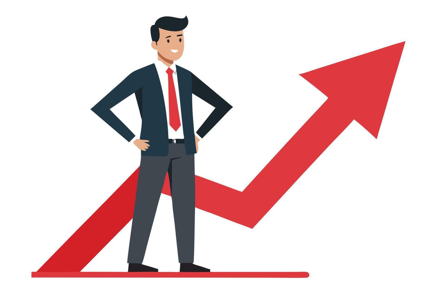 Cartoon Businessman on Growing Red Arrow with Optimistic Expression in vector