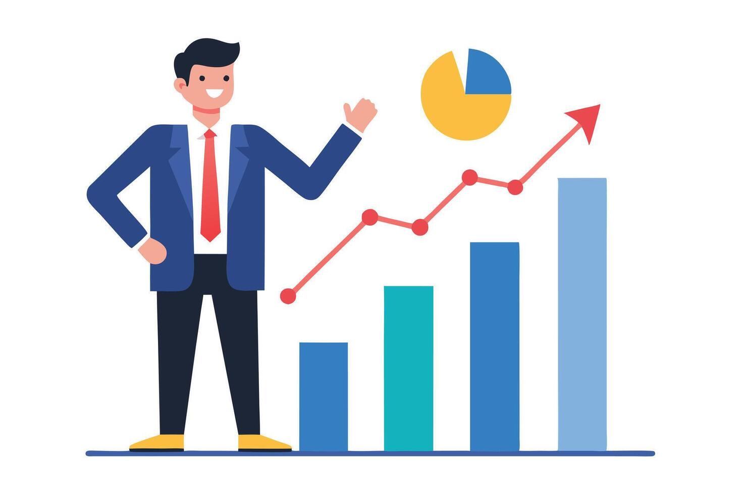 Smiling Businessman Showing Growing Bar Graph with Red Arrow on White vector