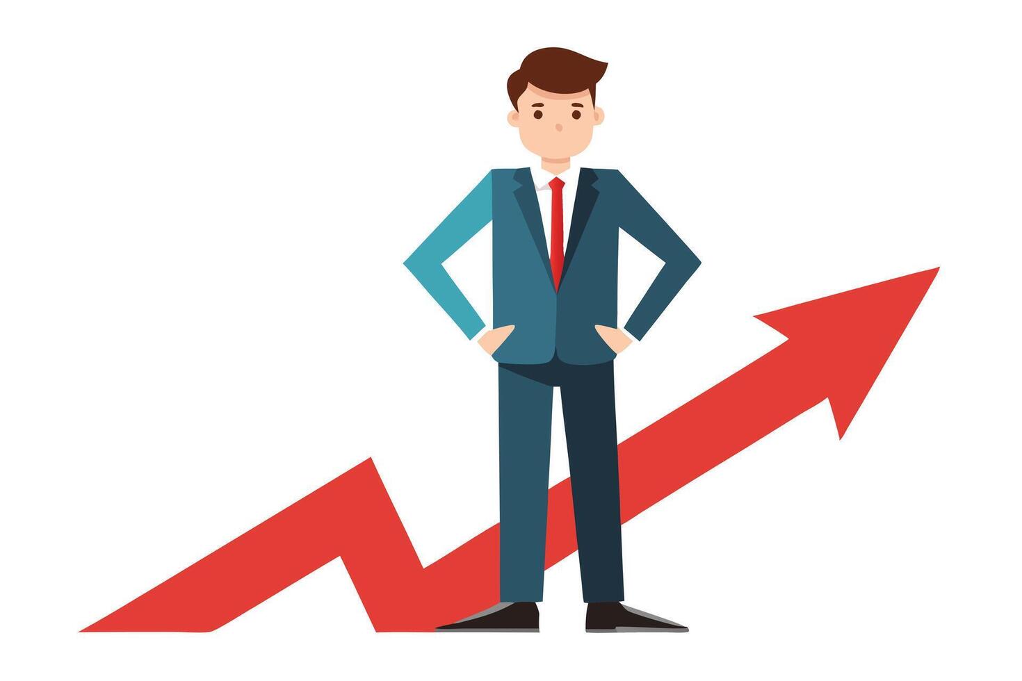 Confident Businessman with Hands on Hips, Red Growth Arrow on White Background vector