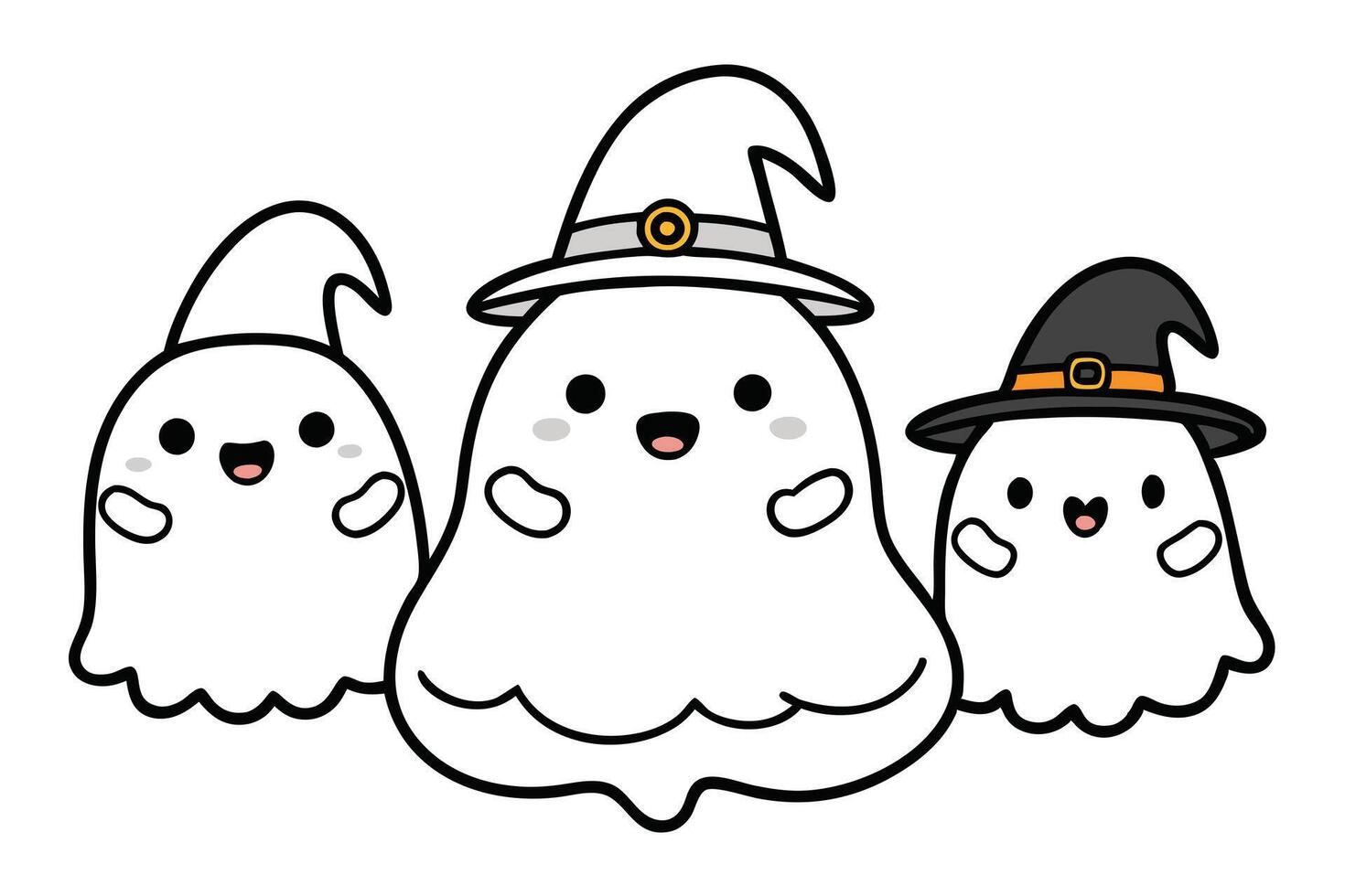 Three Cute Halloween Ghosts With Witch Hats, Cartoon Kawaii Style, Transparent Background vector