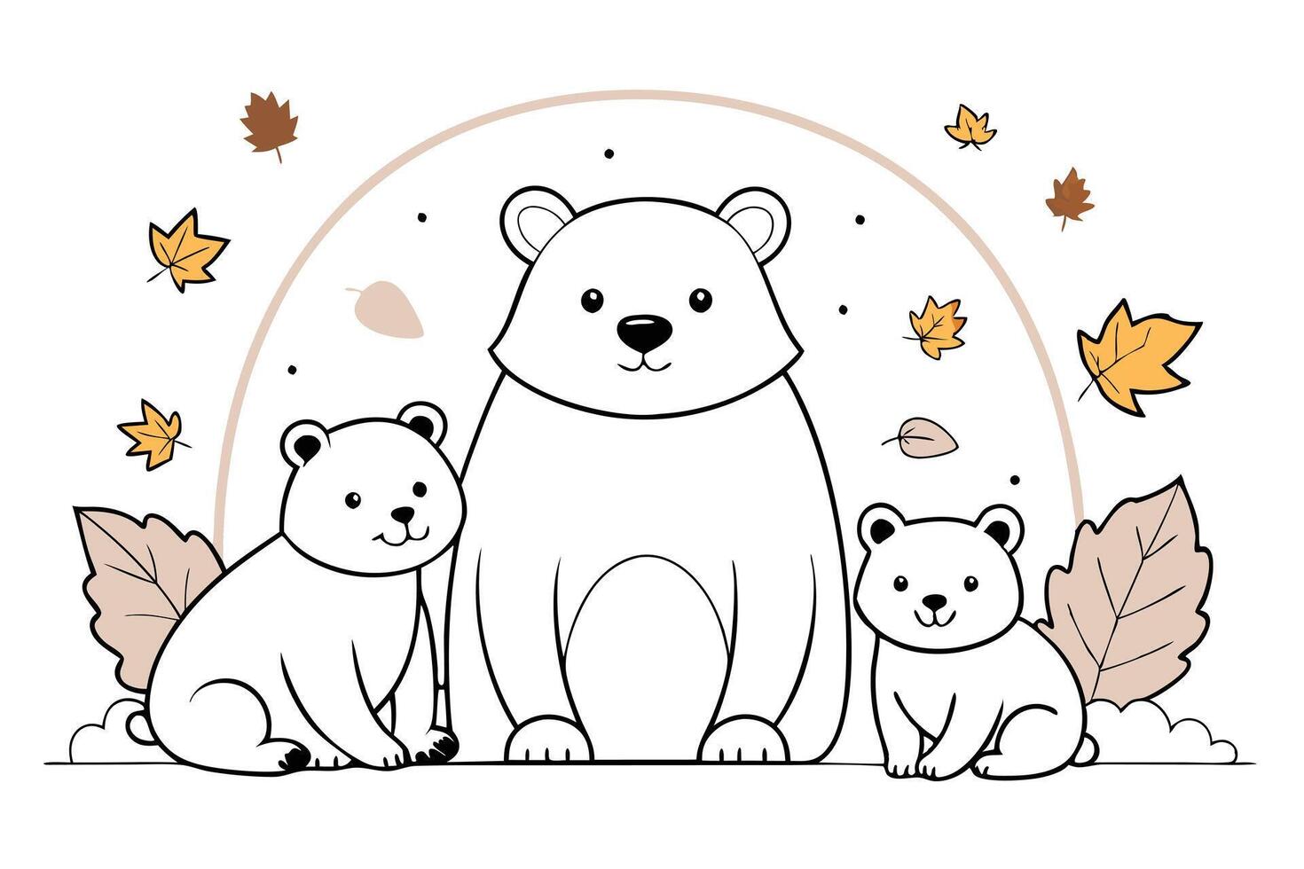 Cute Bears Family Outline with Autumn Leaves, Minimalist Line Art on Transparent Background vector