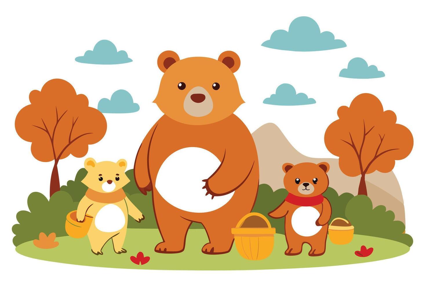 Cartoon Bears with Baskets in Fall Landscape, Mountain Backdrop and Autumn Trees vector