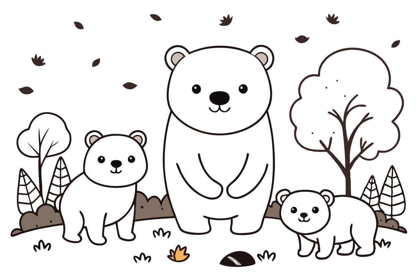 Adorable Cartoon Polar Bear Family in Nature with Simple Outlines and Trees vector