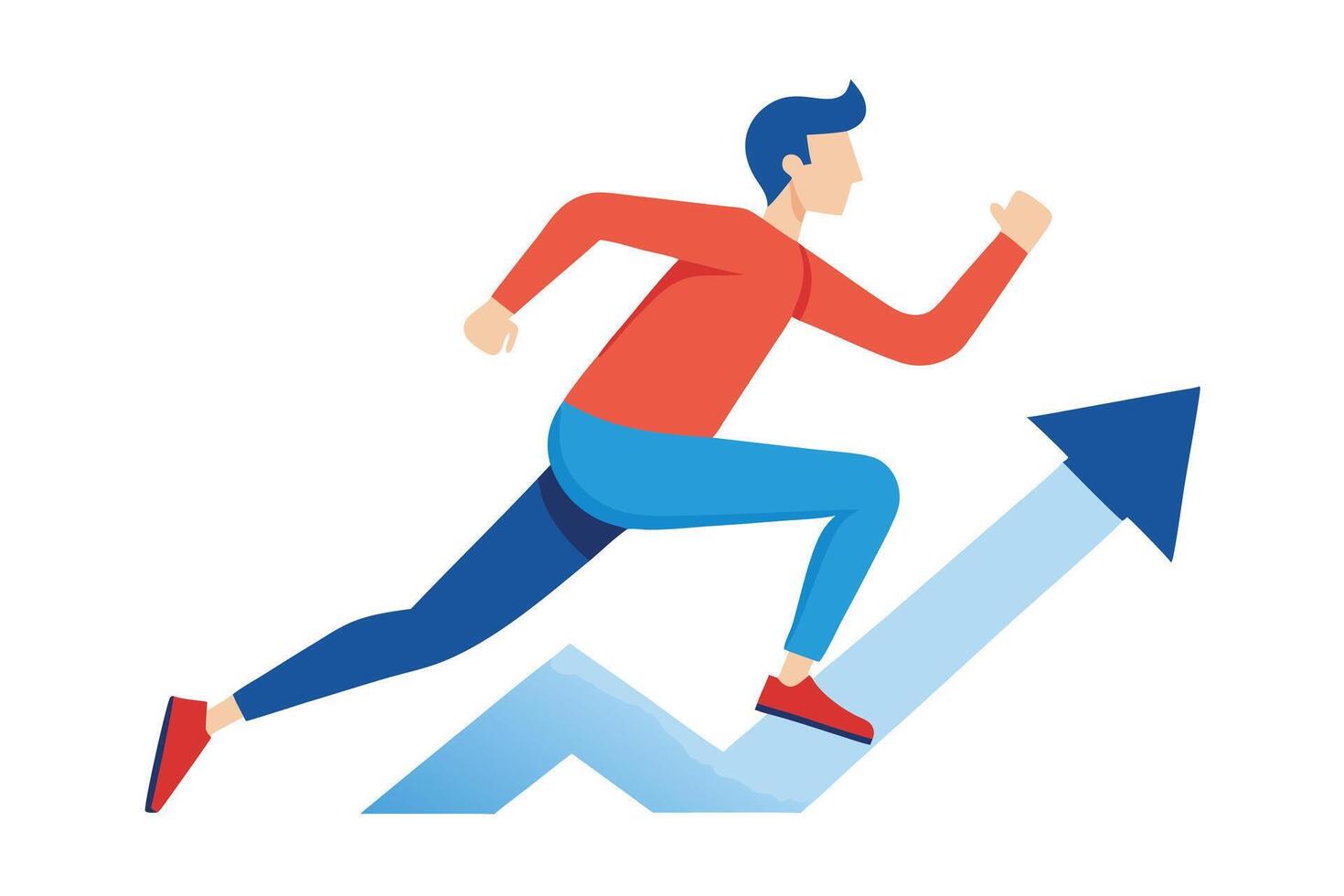 Flat Man in Red Shirt Running Up a Blue Arrow on Transparent Background vector
