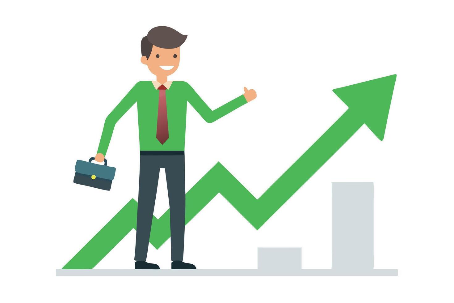 Businessman With Thumbs Up, Green Graph and Briefcase on White Background vector