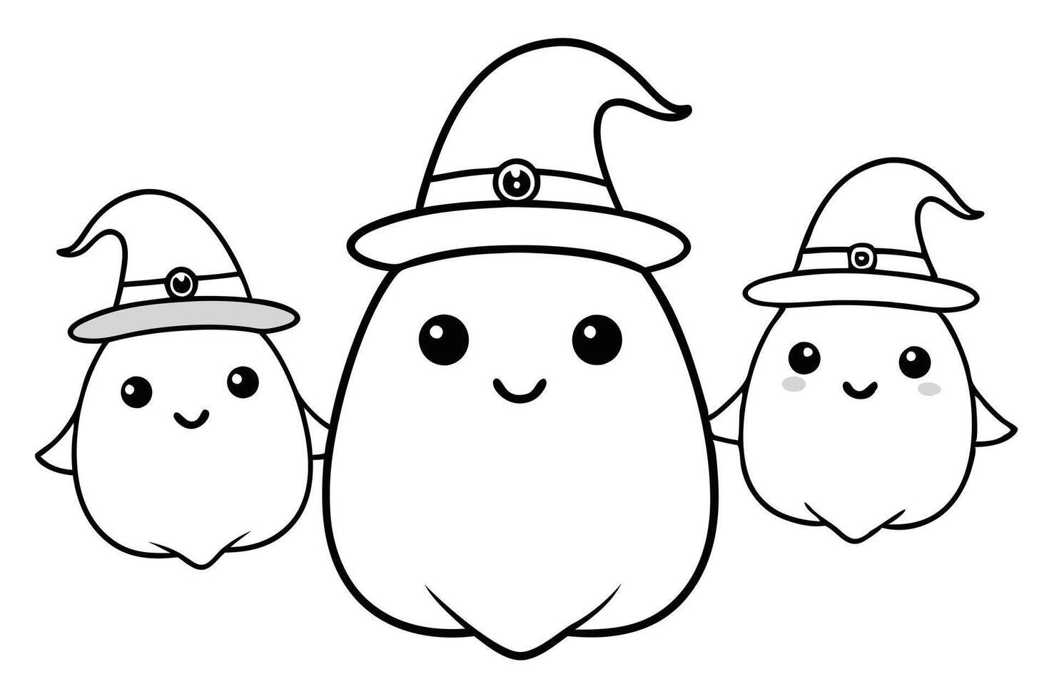 Three Cute Cartoon Ghosts with Hats, Halloween Kawaii Style, Transparent vector