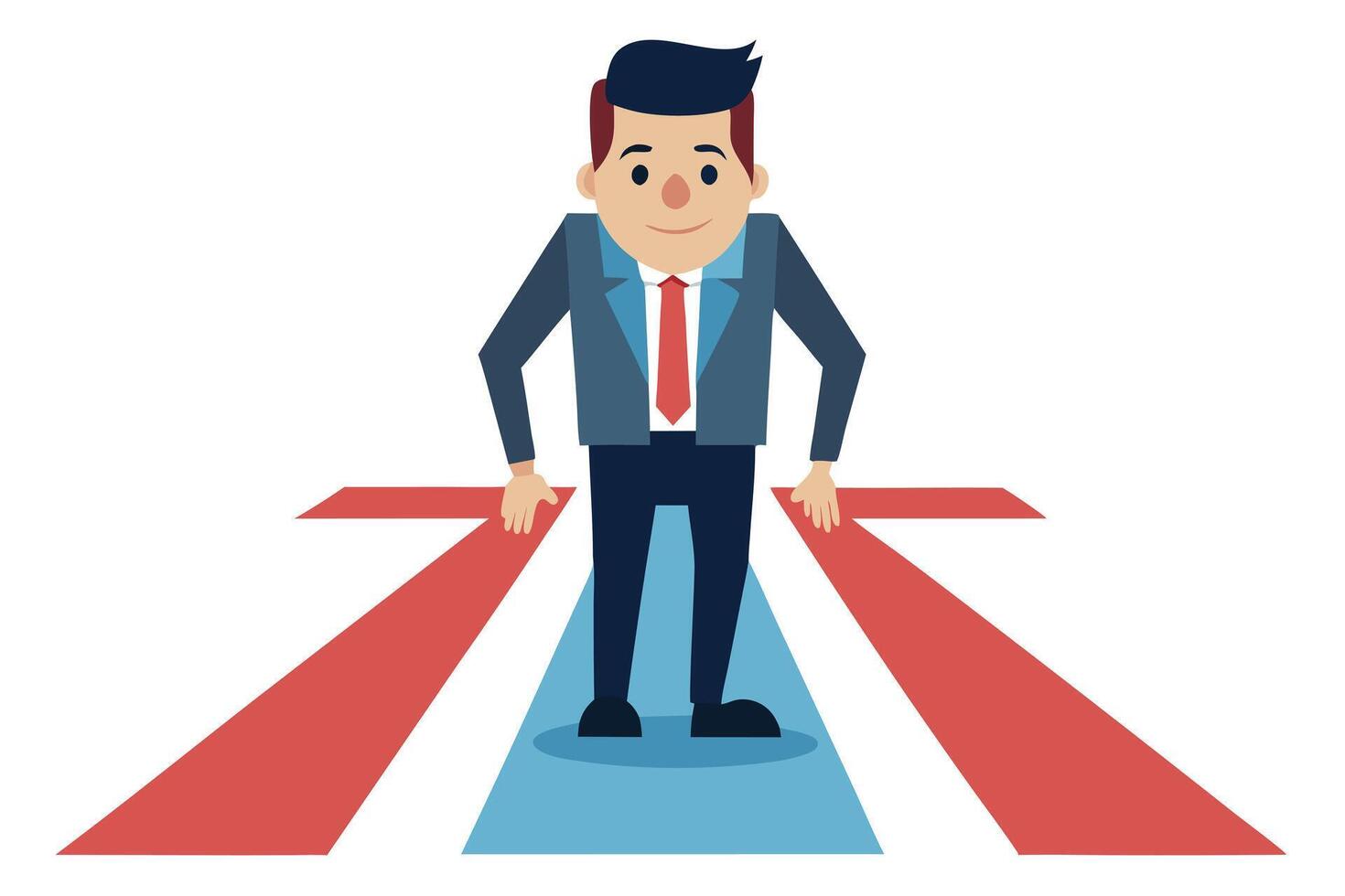Business Cartoon Man Choosing Decision Path, Directional Arrows on White Background vector