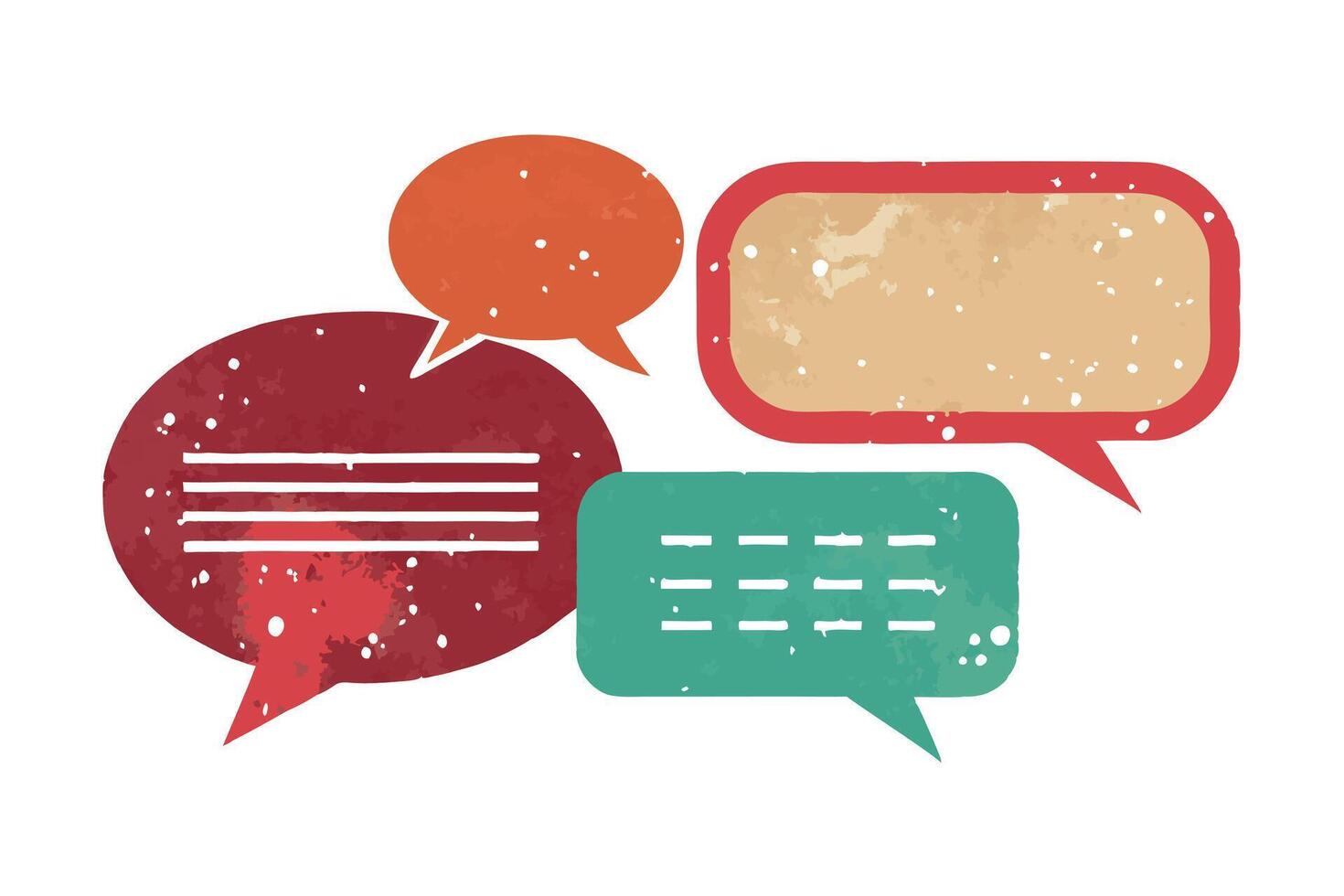 Textured Speech Bubble Icons Set Grunge Maroon, Orange, Green and Beige with White Spots vector