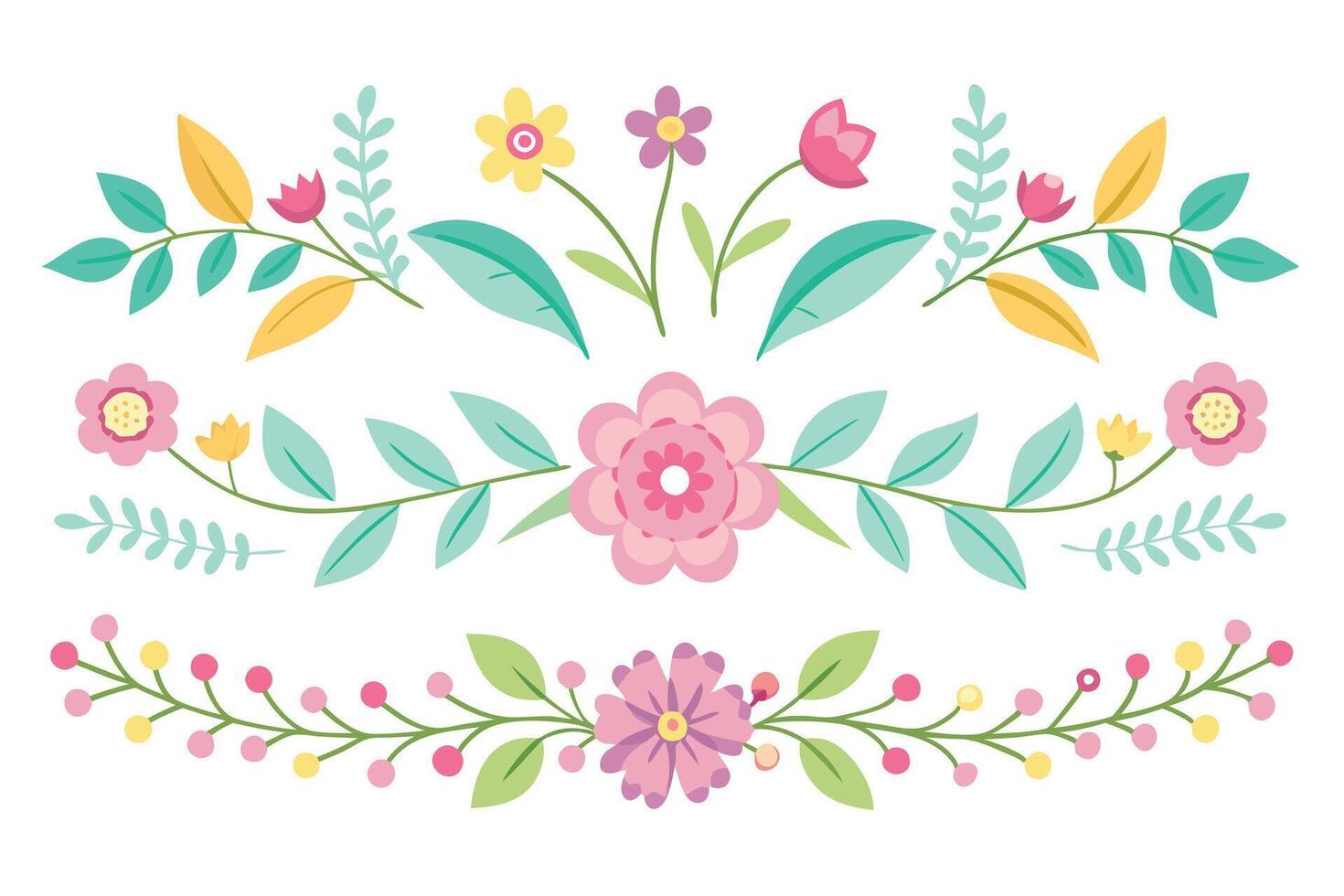Cute Floral Dividers Elements with Pastel Flowers, Leaves, and Berries on White Background vector