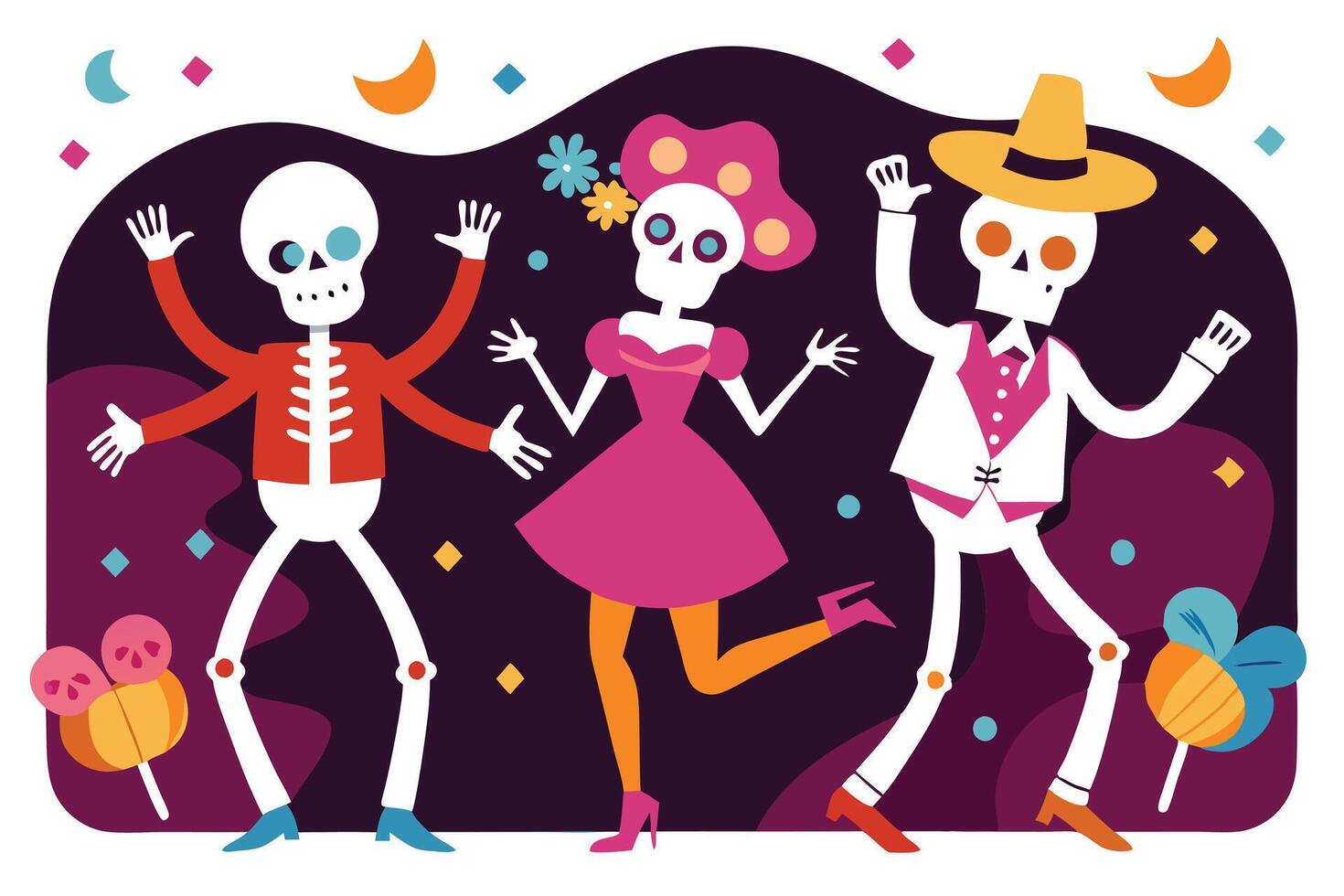 Cheerful Skeleton Trio Dancing Celebration Party Fun Traditional vector