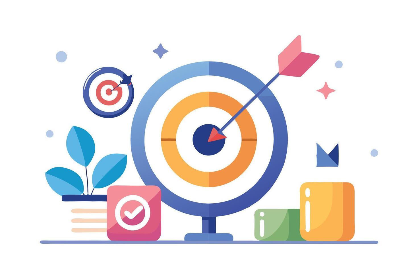 Flat Design Style Colorful Target with Arrow, Check Mark, Exclamation, Plant vector