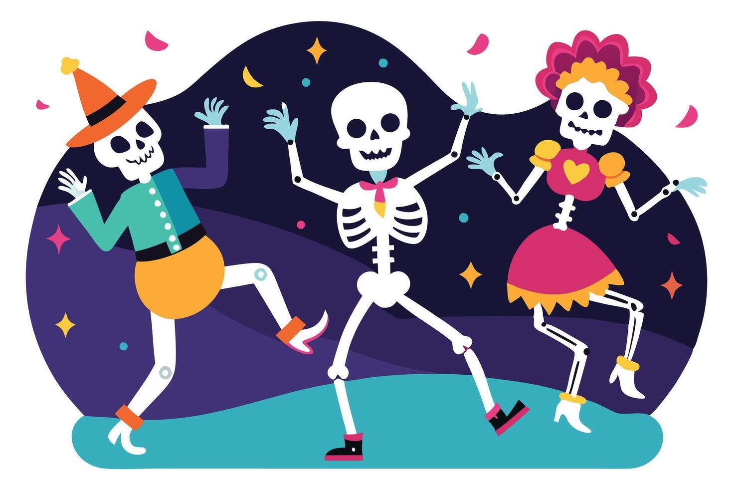 Vibrant Dancing Skeletons in Colorful Costumes Festive Day of the Dead Celebration vector