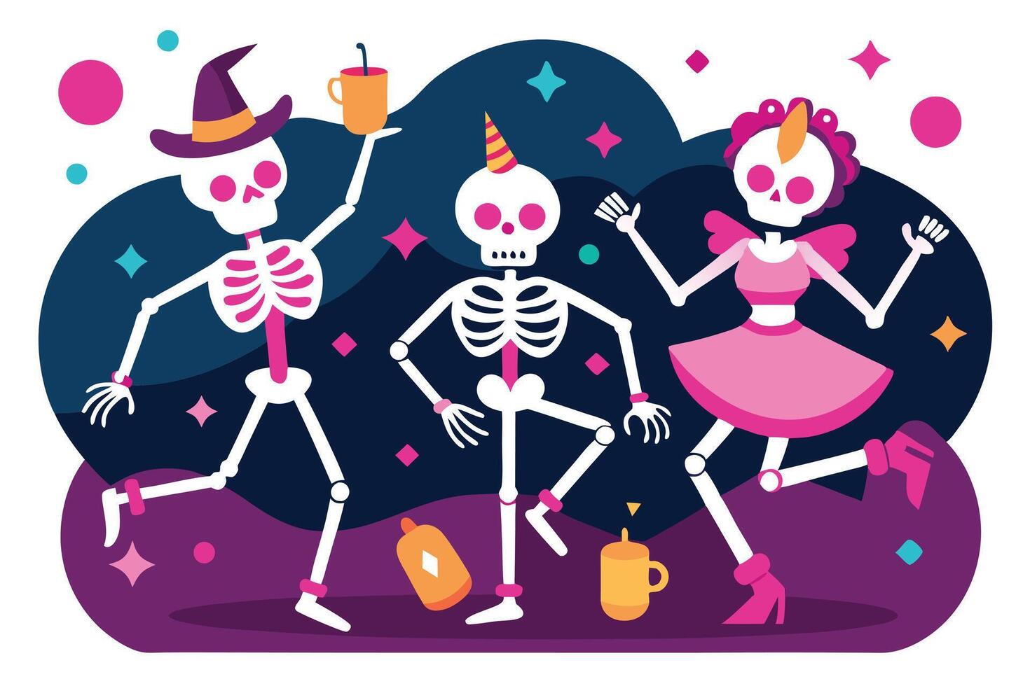 Party Skeletons Dancing with Hats and Confetti in Festive Flat Style vector