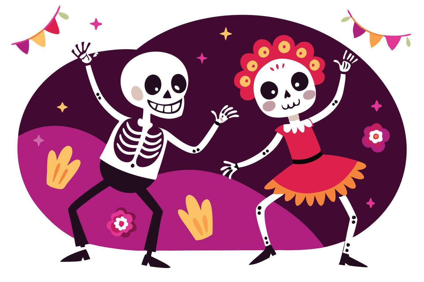 Festive Dancing Skeletons, Day of the Dead Celebration with Flowers and Decorations vector