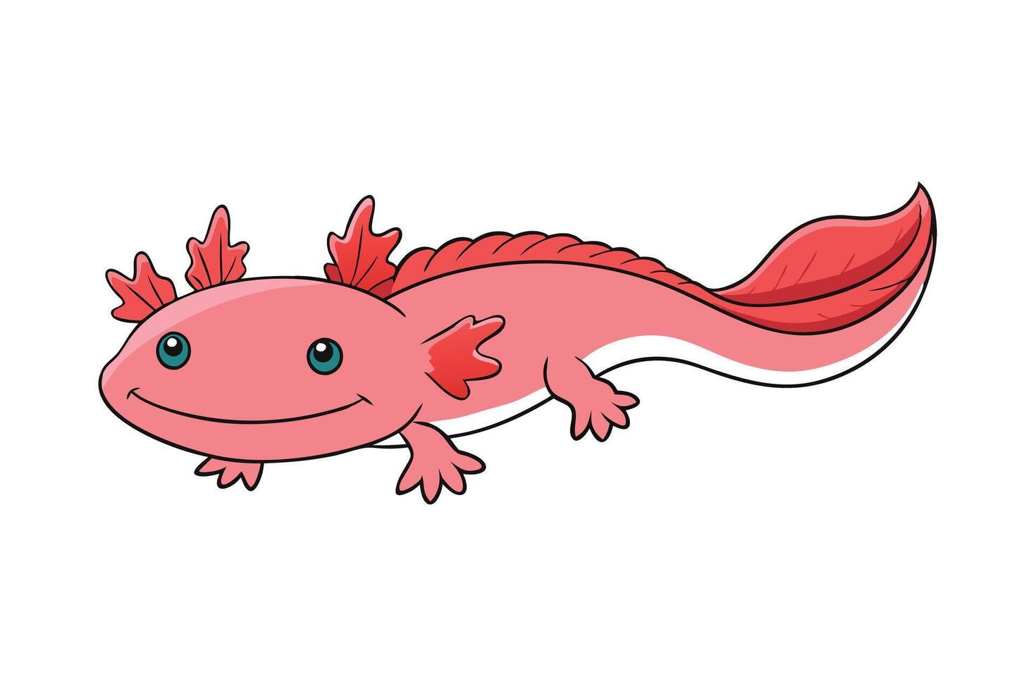 Smiling Pink Axolotl Cartoon with Blue Eyes on Transparent Background, Cute Amphibian vector