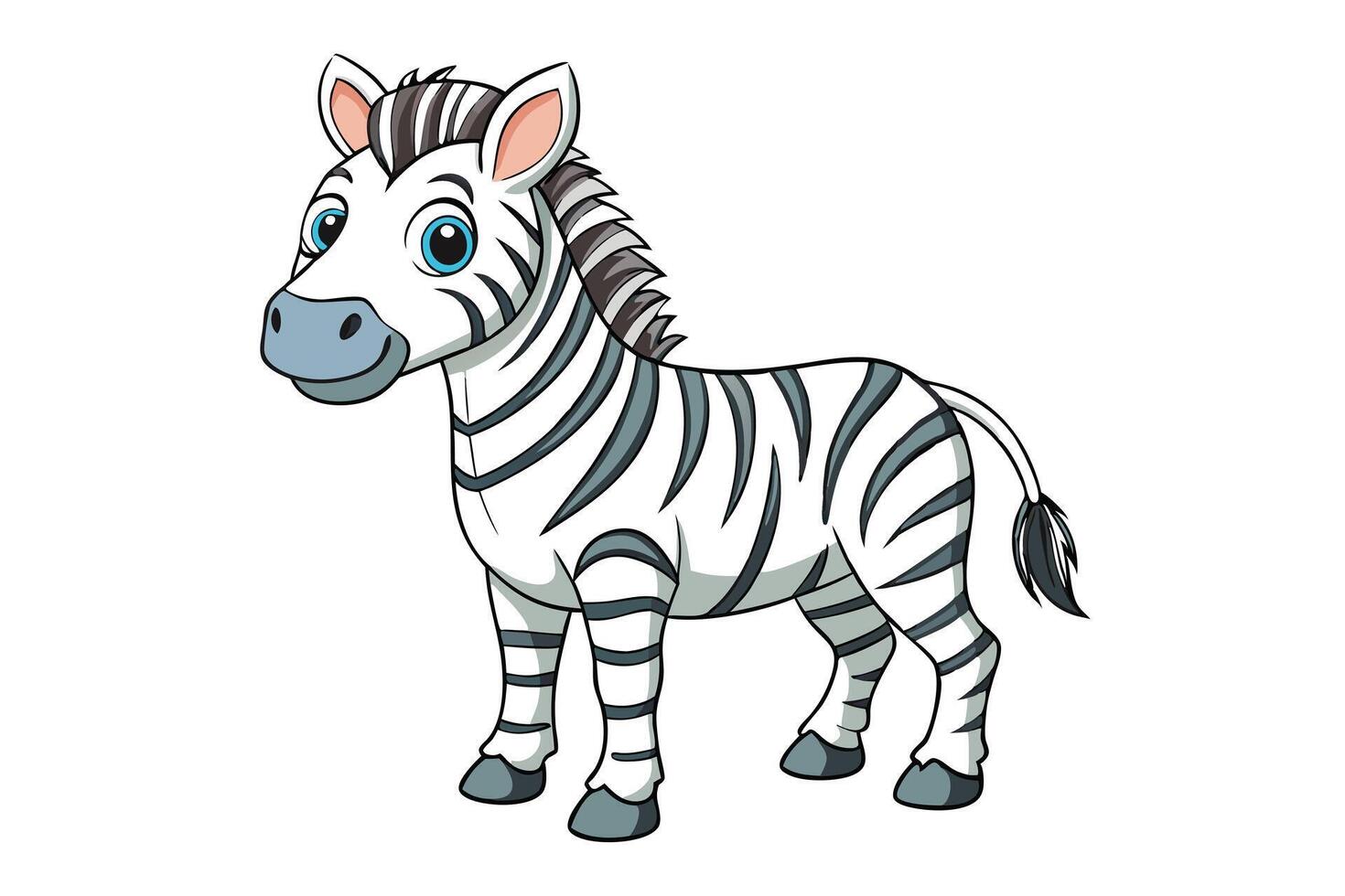 Cartoon Zebra Standing Side View with Big Blue Eyes on Transparent Background vector