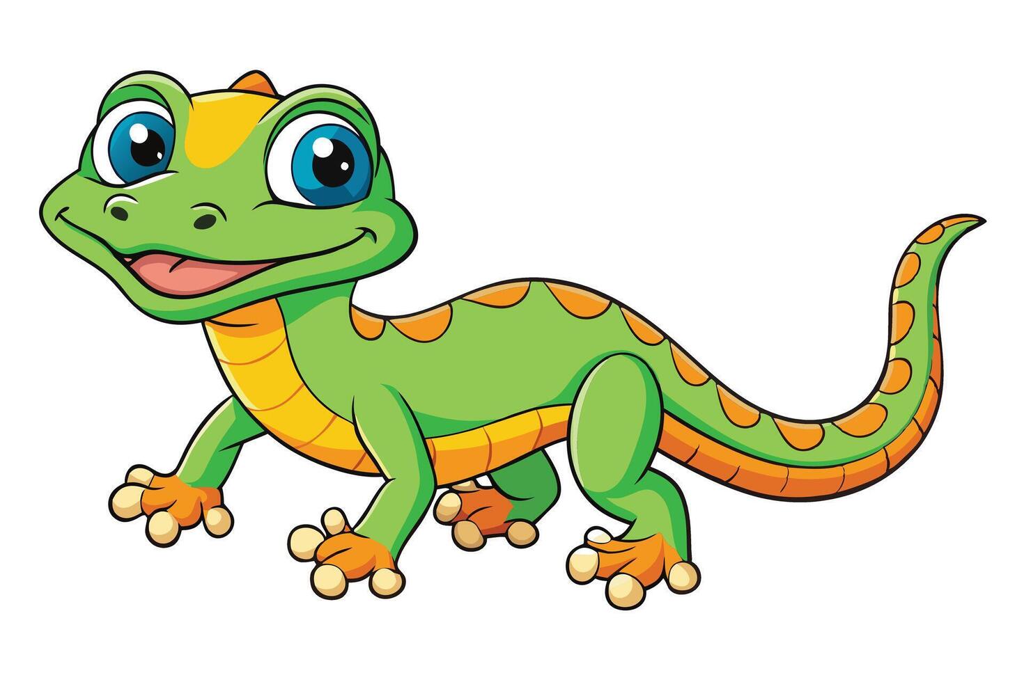 Cheerful Cartoon Green Gecko with Orange Markings Standing on Transparent Background vector
