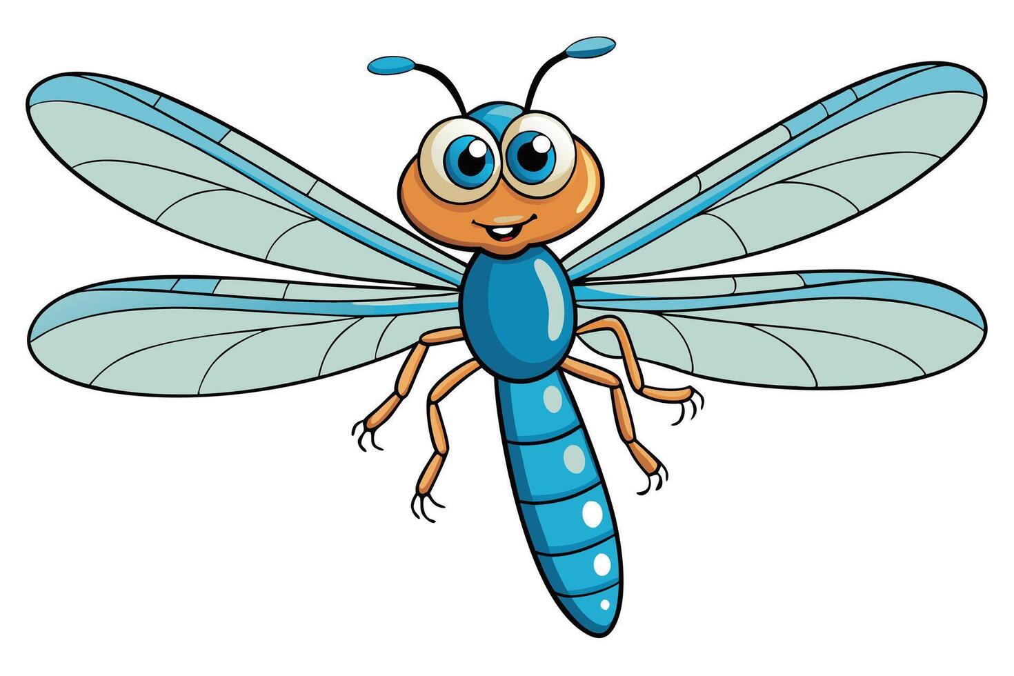 Cartoon Dragonfly with Big Eyes, Light Blue Wings on Transparent Background vector