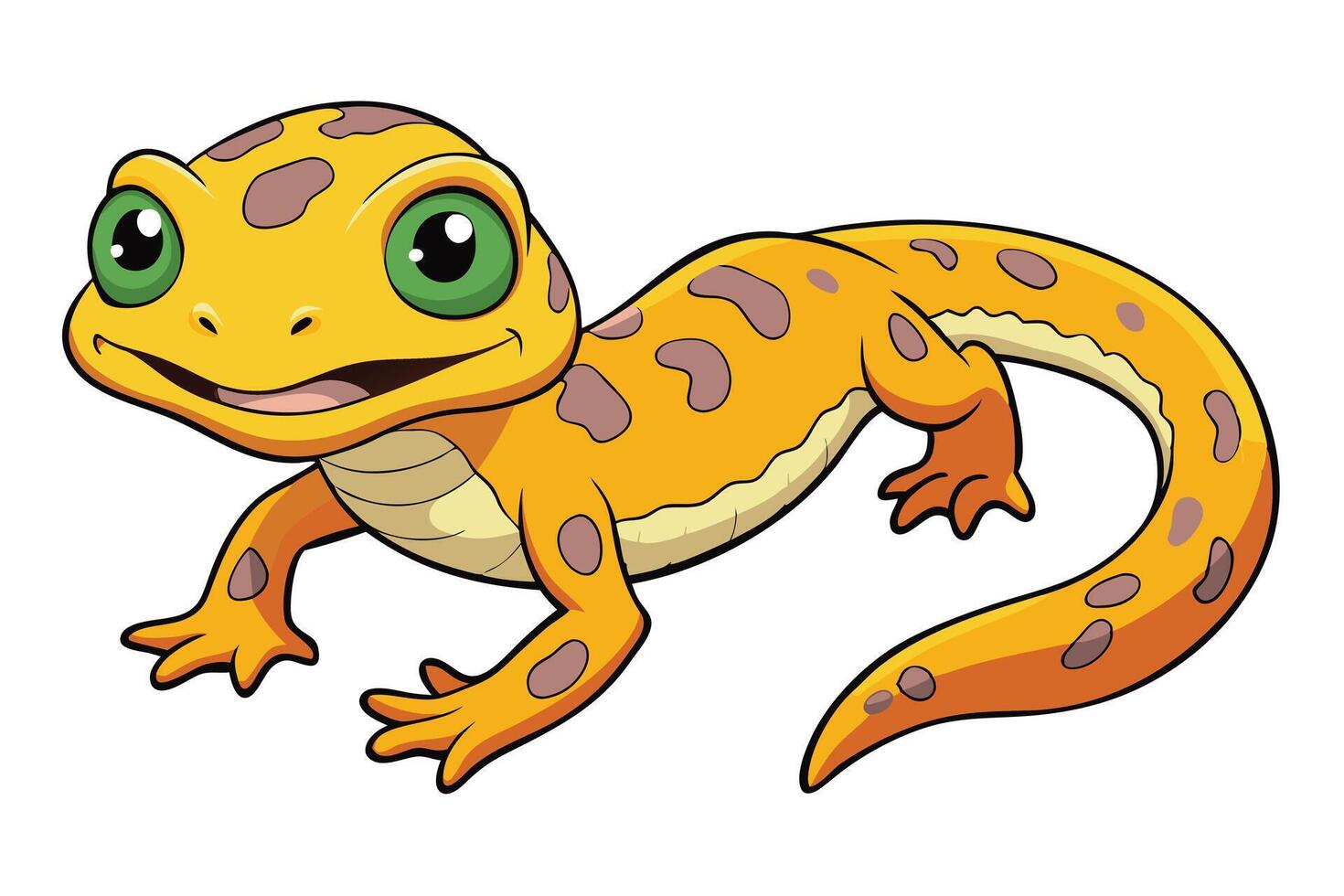 Cheerful Cartoon Gecko with Yellow Skin and Brown Spots on Transparent Background vector