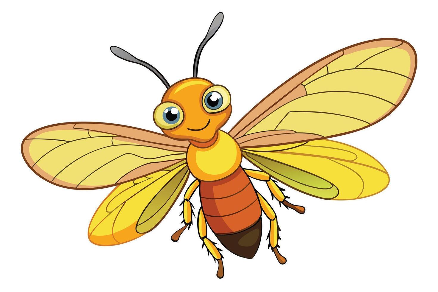 Cartoon Insect with Yellow Wings, Antennae, Blue Eyes Isolated on Transparent Background vector