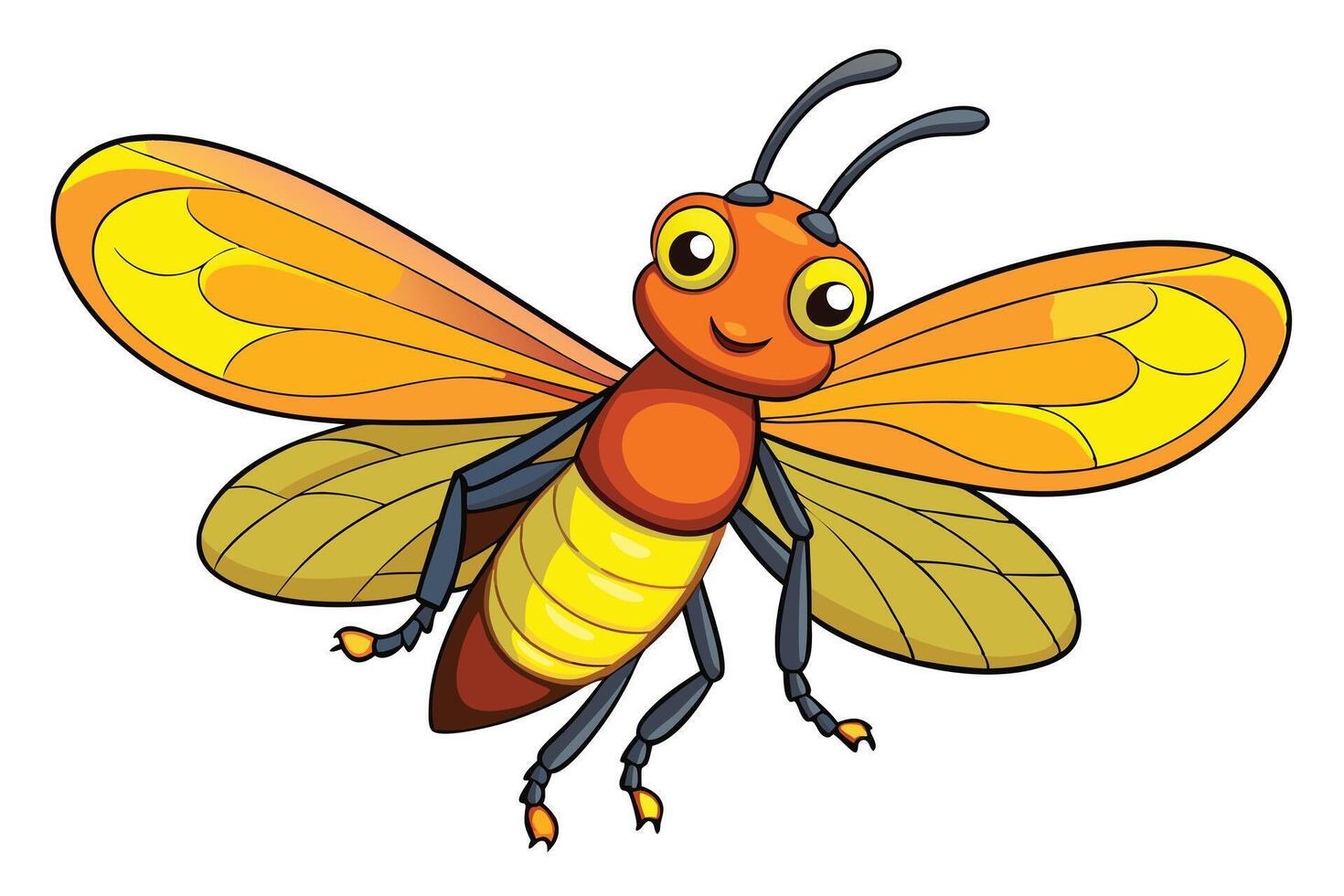 Cartoon Flying Firefly Character with Transparent Background, Bright Orange Wings Insect vector