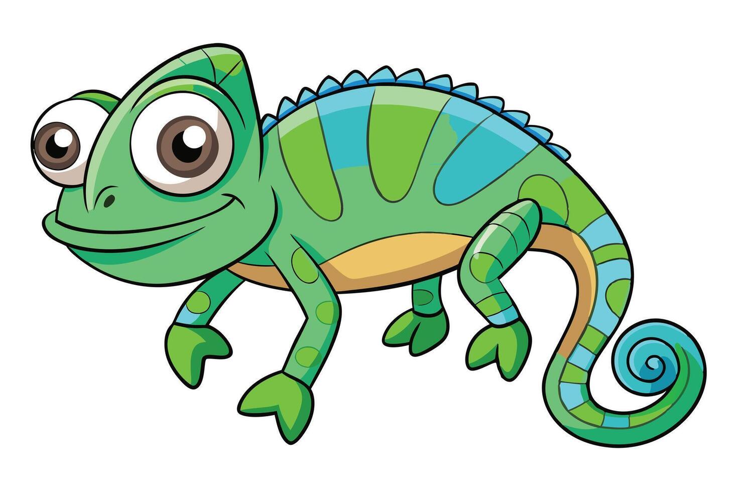 Cartoon Chameleon with Big Eyes, Blue Ridge, Green Body on White Background vector